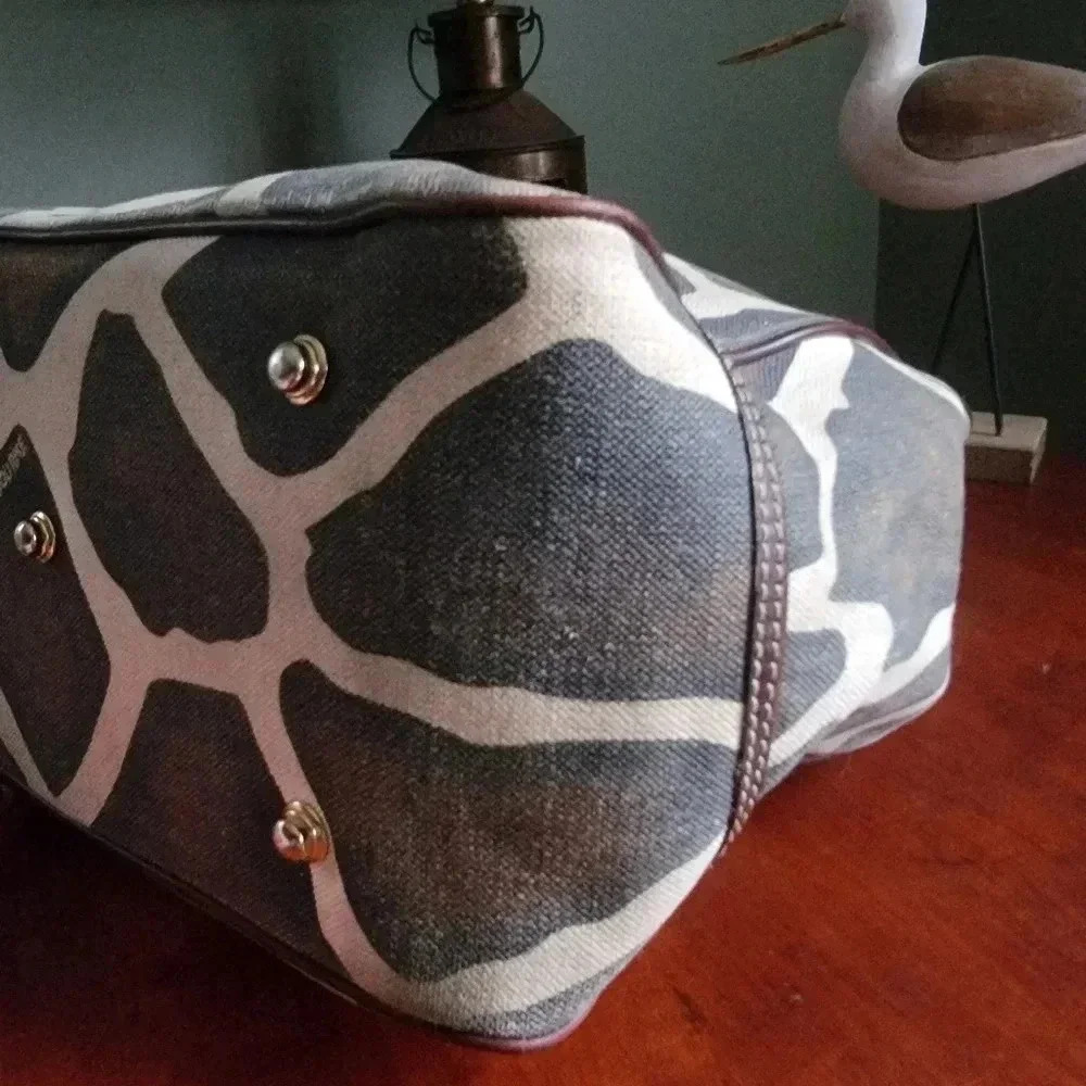 Dooney & Bourke Giraffe Print Safari Tote Brown Leather Canvas Bag - Picture 7 of 16